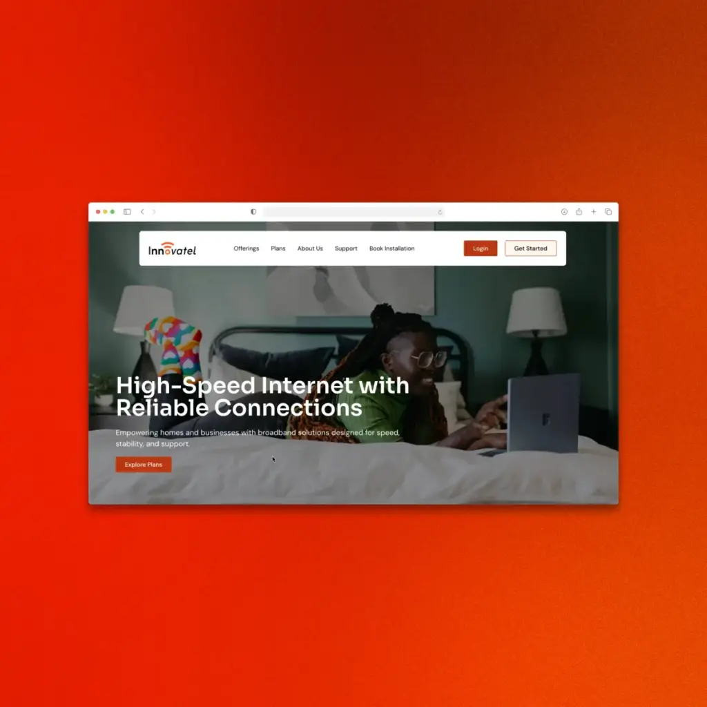 Innovatel homepage: 'High-Speed Internet with Reliable Connections' over a photo of someone working on a laptop