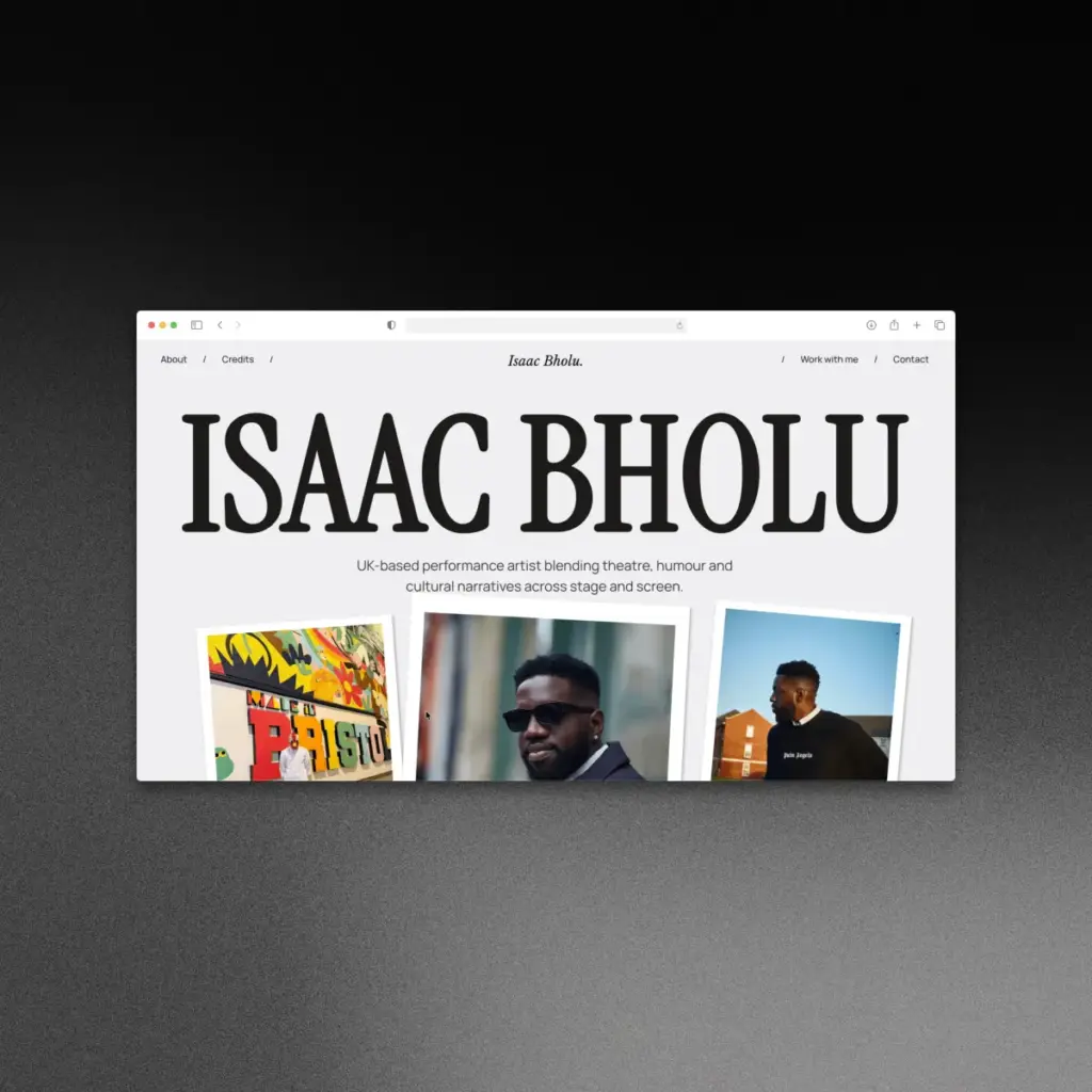 Isaac Bholu's website: his name in a large serif headline above photos of the UK-based performance artist