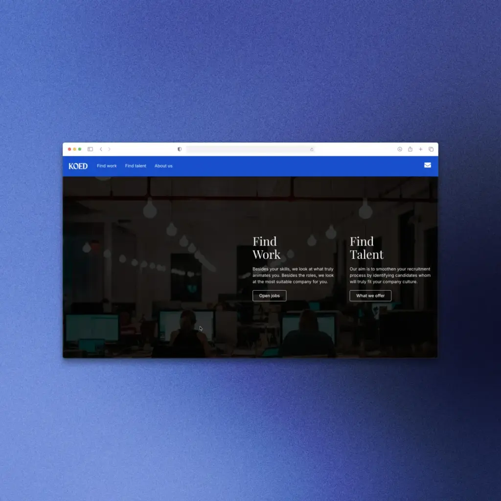 Koed Consulting homepage: a recruitment firm with 'Find Work' and 'Find Talent' paths over an office photo