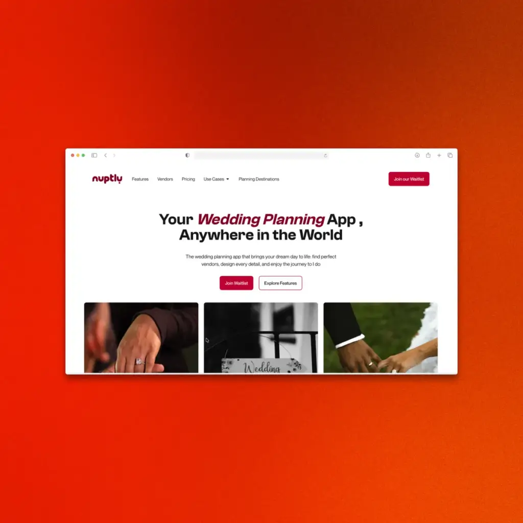 Nuptly homepage: a wedding planning app with the headline 'Your Wedding Planning App, Anywhere in the World'